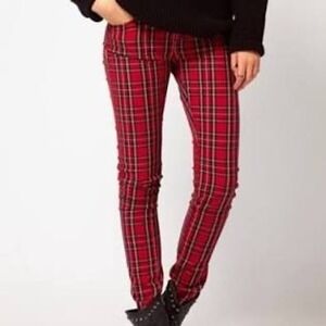 Ralph Lauren Denim & Supply Red Tartan Plaid Skinny Jean Size 28 Punk Festive